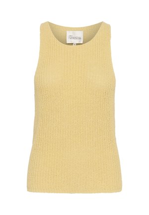 Tricou fără mâneci, de culoare galbenă, cu decolteu rotund, textură medie și etichetă cu mesajul "GARDEROBĂ ESENȚIALĂ". Potrivit pentru stratificare.