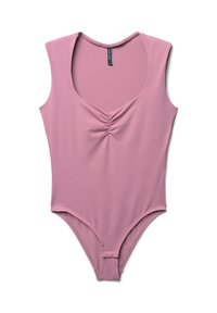 Body senza maniche di un rosa chiaro con scollatura a V profonda e dettaglio centrale arricciato; realizzato in tessuto liscio ed elasticizzato. Design con gambe alte.