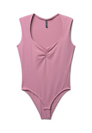 Body senza maniche di un rosa chiaro con scollatura a V profonda e dettaglio centrale arricciato; realizzato in tessuto liscio ed elasticizzato. Design con gambe alte.