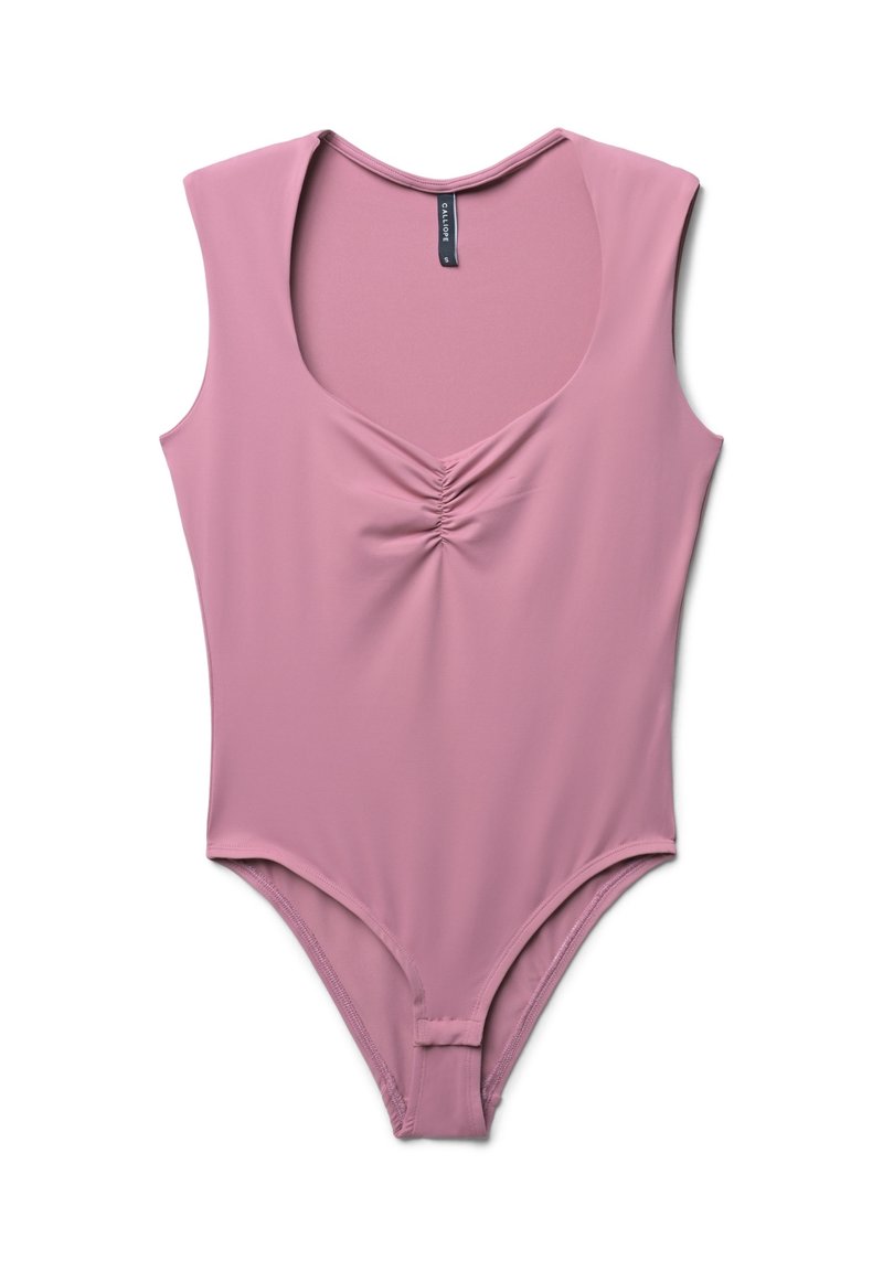Body senza maniche di un rosa chiaro con scollatura a V profonda e dettaglio centrale arricciato; realizzato in tessuto liscio ed elasticizzato. Design con gambe alte.