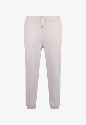 Light gray jogger pants made of soft cotton blend fabric. Features a ribbed waistband, elastic cuffs, and embroidered text on the side.