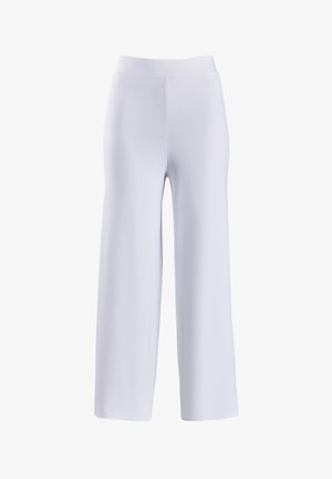 Platus kojų kelnes iš minkštos baltos medžiagos su elastinga juosmens juosta. Dizainas neturi kišenių ir pasižymi lygiu, laisvai krentančiu tekstūru.