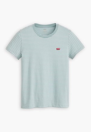 Light blue striped t-shirt made of cotton, featuring short sleeves and a round neckline. A small red Levi’s logo is positioned on the chest.
