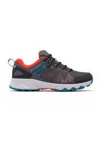 Zapatillas deportivas grises con detalles en rojo, parte superior de malla y suela en contraste color teal. Patrón triangular notable en los laterales.