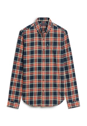 Camisa de cuadros en azul marino, rojo y amarillo. Cuello de botonadura, mangas largas, bolsillo en el pecho y dobladillo curvado. Hecha de tela tejida con un patrón a cuadros.