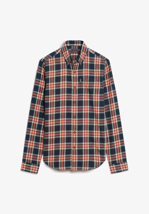 Camicia a quadri in navy, rosso e giallo. Colletto button-down, maniche lunghe, taschino sul petto e orlo curvo. Realizzata in tessuto intrecciato con un motivo a scacchi.