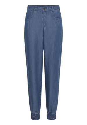 Pantalon de jogging en denim bleu avec poignets élastiqués, fermeture à boutons et zip à l'avant, et poches latérales.