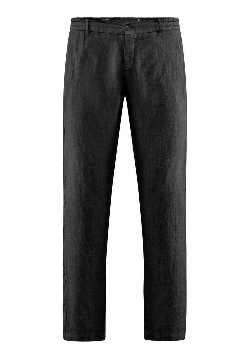 Pantaloni in lino neri con vestibilità rilassata, dotati di chiusura con bottone, zip, due tasche frontali e una texture liscia.