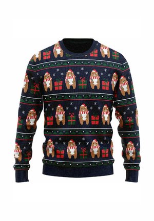 Navy sweater with festive bear patterns, red and green gifts, and snowflakes; ribbed cuffs and hem; knit texture.