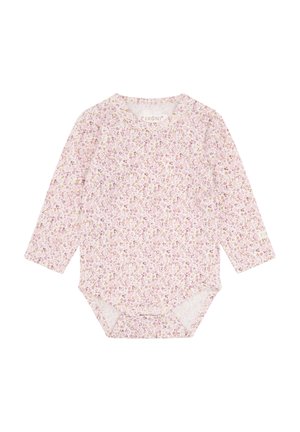 Langærmet babybody med pink og lilla blomsterprint og trykknapper i bunden.