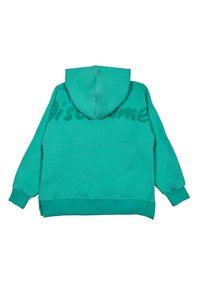 Felpa con cappuccio turchese con finitura strutturata, dotata di una cucitura centrale sul retro e spacchi laterali per facilitare i movimenti.