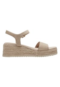 Beige wedge sandals with a textured fabric upper, ankle strap, and woven rope sole. Features a platform for added height and comfort.