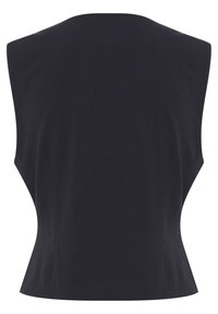 Marinefarbene ärmellose Bluse mit einer figurbetonten Silhouette. Glattes Material mit einem subtilen Glanz. Runder Ausschnitt und maßgeschneiderter Rücken betonen die Form.