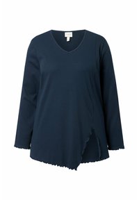 Tunica a maniche lunghe blu navy con scollatura a V, caratterizzata da un tessuto testurizzato, orlo asimmetrico con bordi ondulati e una vestibilità comoda.