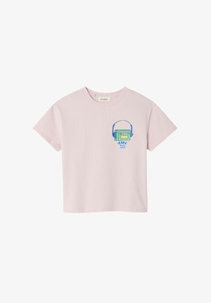 Light pink cotton t-shirt featuring a blue and green graphic of a boombox with the text "AMV kids club" underneath, short sleeves.