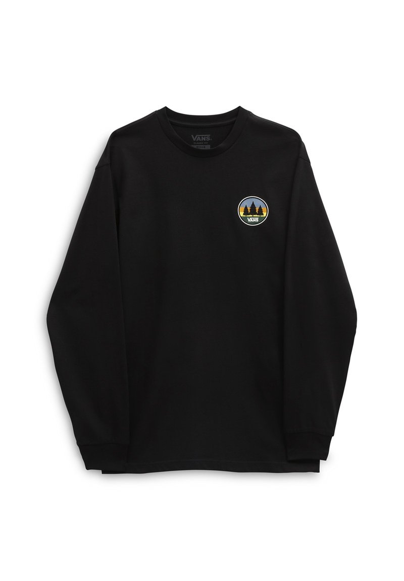 Maglietta nera a maniche lunghe Vans con scollo rotondo e piccolo logo circolare che raffigura alberi e un tramonto sul lato sinistro del petto.