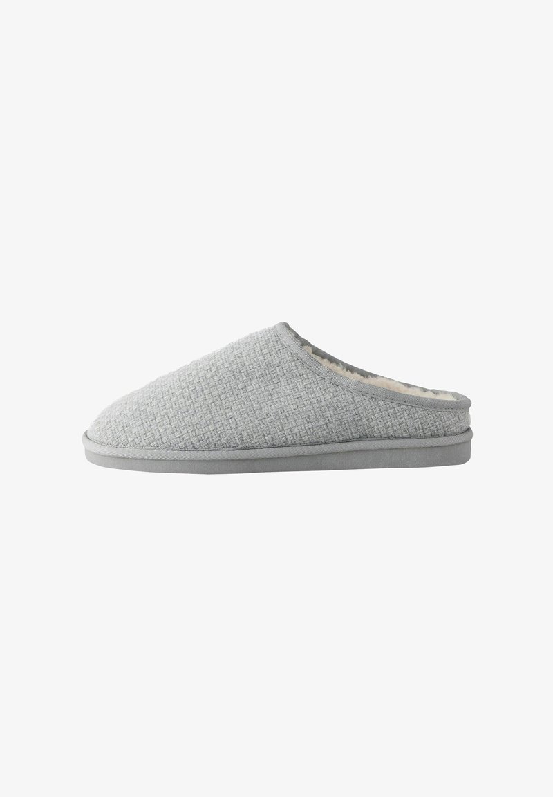 Pantofole grigie lavorate a maglia con una superficie testurizzata, fodera morbida e suola flessibile. Design aperto sul retro per una facile calzata.