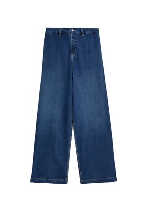 Weite Jeans aus dunkelblauem Denim. Sie haben eine hohe Taille, eine einzelne Fronttasche und dezente Nähte entlang der Säume.