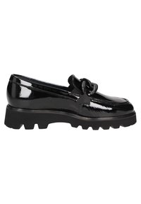 Black patent leather loafers with a chunky rubber sole and front knot detail, featuring a smooth texture and rounded toe design.