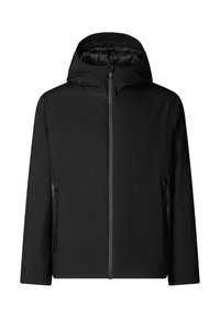 Chaqueta negra con capucha, con cremallera frontal y dos bolsillos laterales con cremallera, diseñada para el clima frío y la resistencia al viento.