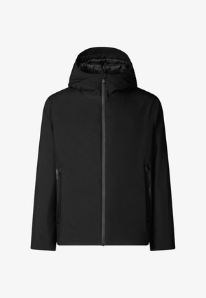 Giacca nera con cappuccio, zip frontale e due tasche laterali con zip, progettata per il freddo e la resistenza al vento.