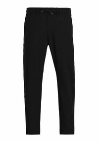 Schwarze Jogginghose aus weichem Stoff, mit einem Kordelzugbund, schmal zulaufendem Bein und seitlichen Taschen für zusätzlichen Komfort.