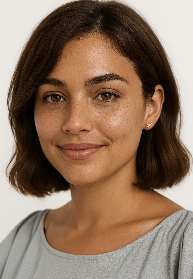 Guldfågel studörhängen, delikat design, rena linjer; bärs av en person med medelbrunt hår, slät hy och naturlig sminkning mot en ljus bakgrund.