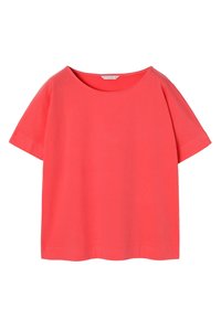 T-shirt corallo a maniche corte realizzato in morbido cotone, con colletto tondo, vestibilità rilassata e spalle senza cuciture. Texture liscia senza motivi.
