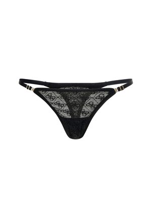 Zwarte kant thong met transparante panelen, voorzien van een bloemmotief. Elastische banden met gouden hardware-accenten aan de zijkanten.