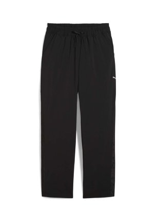 Zwarte sportbroek met elastische tailleband en trekkoord, gemaakt van lichtgewicht materiaal, met zijaccenten en eenRelaxte pasvorm.