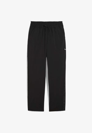 Pantalones deportivos negros con cintura elástica y cordón, confeccionados con material ligero, con acentos laterales y un corte relajado.