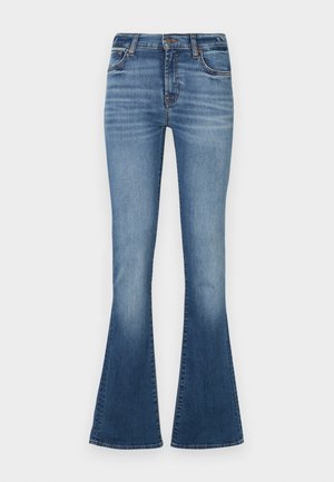 Blue denim flared jeans, featuring a mid-rise waist, lighter fading on thighs, and a classic five-pocket design.
