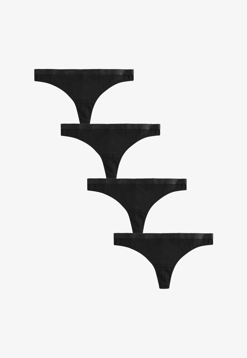 Svarta bomullstringtrosor staplade. Var och en har ett tunt midjeband med en flikig kant och präglat varumärke. Slät textur.