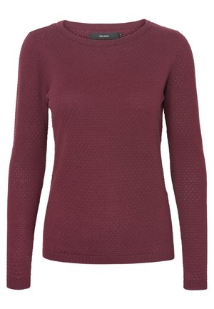 Burgundy knit sweater with long sleeves, round neckline, and textured pattern. Ribbed hem and cuffs. No visible fastenings or accents.