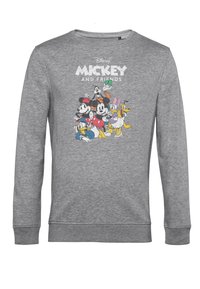 Šedá mikina vyrobená z měkké látky, s kresleným motivem postaviček Disney, jako jsou Mickey Mouse a jeho přátelé, včetně barevných akcentů.