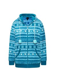 Felpa con zip di colore teal, decorata con motivi in bianco e blu invernali, cuori, fiocchi di neve, tasche frontali, lacci con pompon e polsini e orlo a coste.