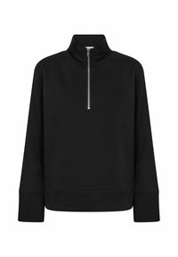 Svart zip-up sweatshirts med en hög krage, prydd med en liten präglad logotyp. Tyget är slätt, med långa ärmar och en avslappnad passform.