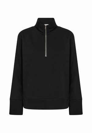 Čierna zipsová mikina s polokrytou golierom, s malým reliéfnym logom. Materiál je hladký, s dlhými rukávmi a voľným strihom.