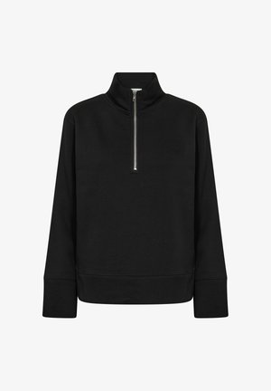 Čierna zipsová mikina s polokrytou golierom, s malým reliéfnym logom. Materiál je hladký, s dlhými rukávmi a voľným strihom.