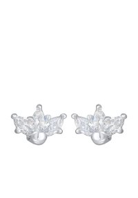 Silberne Ohrstecker mit einem Blumendesign, das sechs navette-förmige, klare Edelsteine zeigt und mit einer polierten Oberfläche sowie erhabenen Akzenten versehen ist.