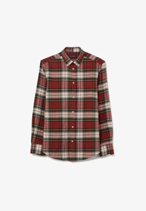 Camicia con bottoni a quadri rossi e verdi con colletto, caratterizzata da una combinazione di linee bianche e gialle, maniche lunghe e bottoni a contrasto.