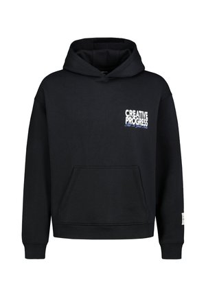 Schwarzer Kapuzenpullover mit Fronttasche und weißem Text "CREATIVE PROGRESS This Is Your Time" auf der linken Brust.