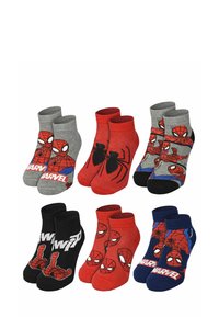Set of six pairs of children's socks featuring Spiderman designs. Colors include red, gray, black, and blue. Each pair has unique graphics.