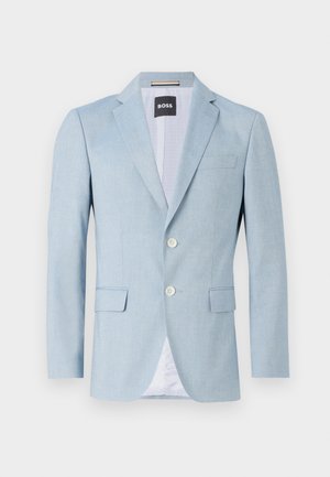 Light blue blazer featuring a notched lapel, two front pockets, and two buttons. Crafted from textured fabric with an interior lining.