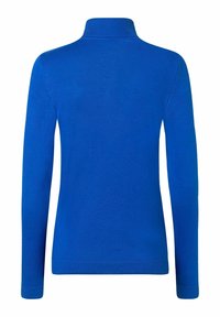 Blue long-sleeve sweater with a high collar, made from soft fabric. Features ribbed cuffs and hem, seamless design, and solid color.