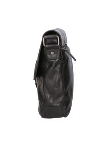 Borsa in pelle nera con una texture liscia, forma rettangolare e una cerniera laterale. Presenta una fibbia argentata e un dettaglio con bottone a pressione.