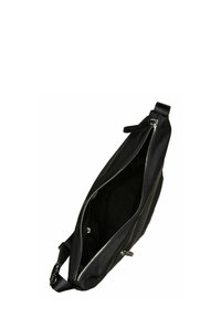 Borsa a tracolla nera in nylon con cerniera superiore parzialmente aperta, tracolla regolabile e interno minimale visibile su uno sfondo bianco.