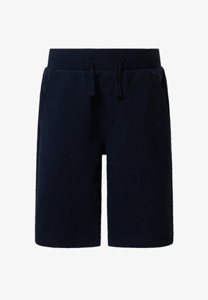 Shorts bleu marine longueur genou avec taille élastique et cordon de serrage, poches latérales, et coupe droite des jambes.