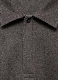 Gray polo shirt with a structured collar, single button closure, and textured fabric. Features a straight hem and subtle stitching details.