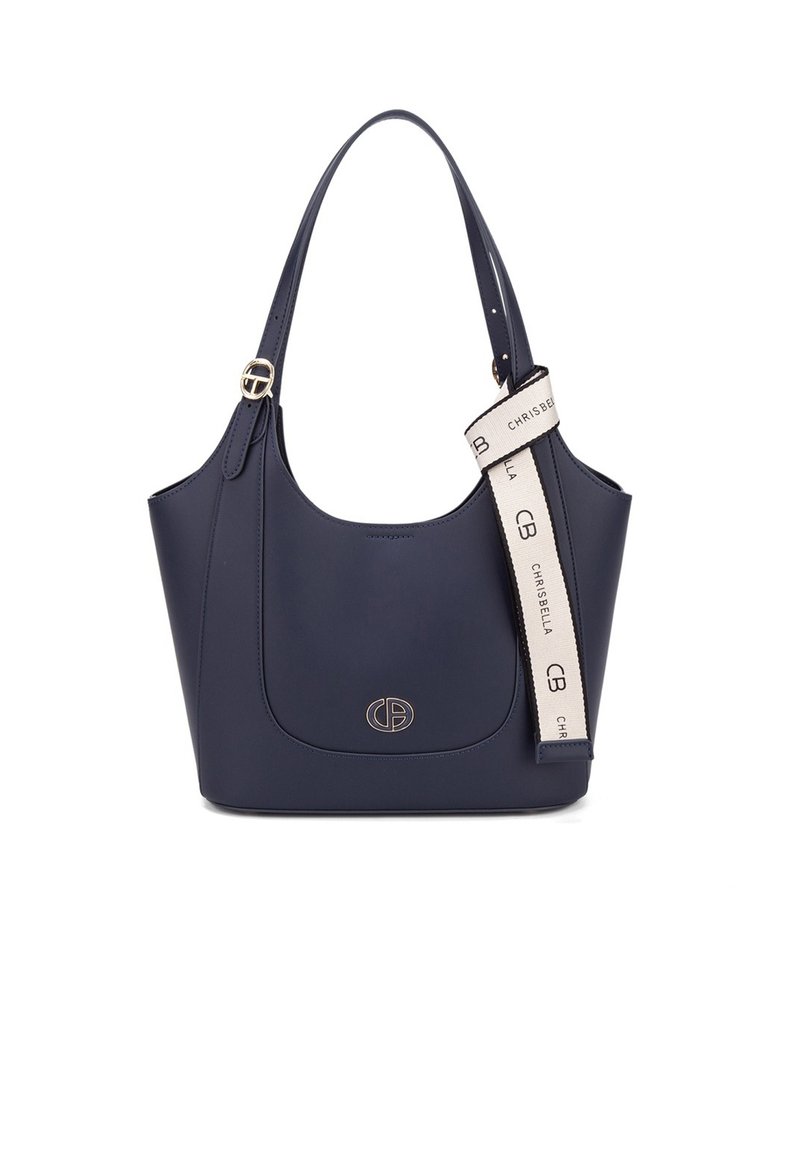 Borsa a tracolla in ecopelle blu navy con forma curva, logo dorato e cinturino decorativo che presenta la scritta "CHRISBELLA" in testo beige.